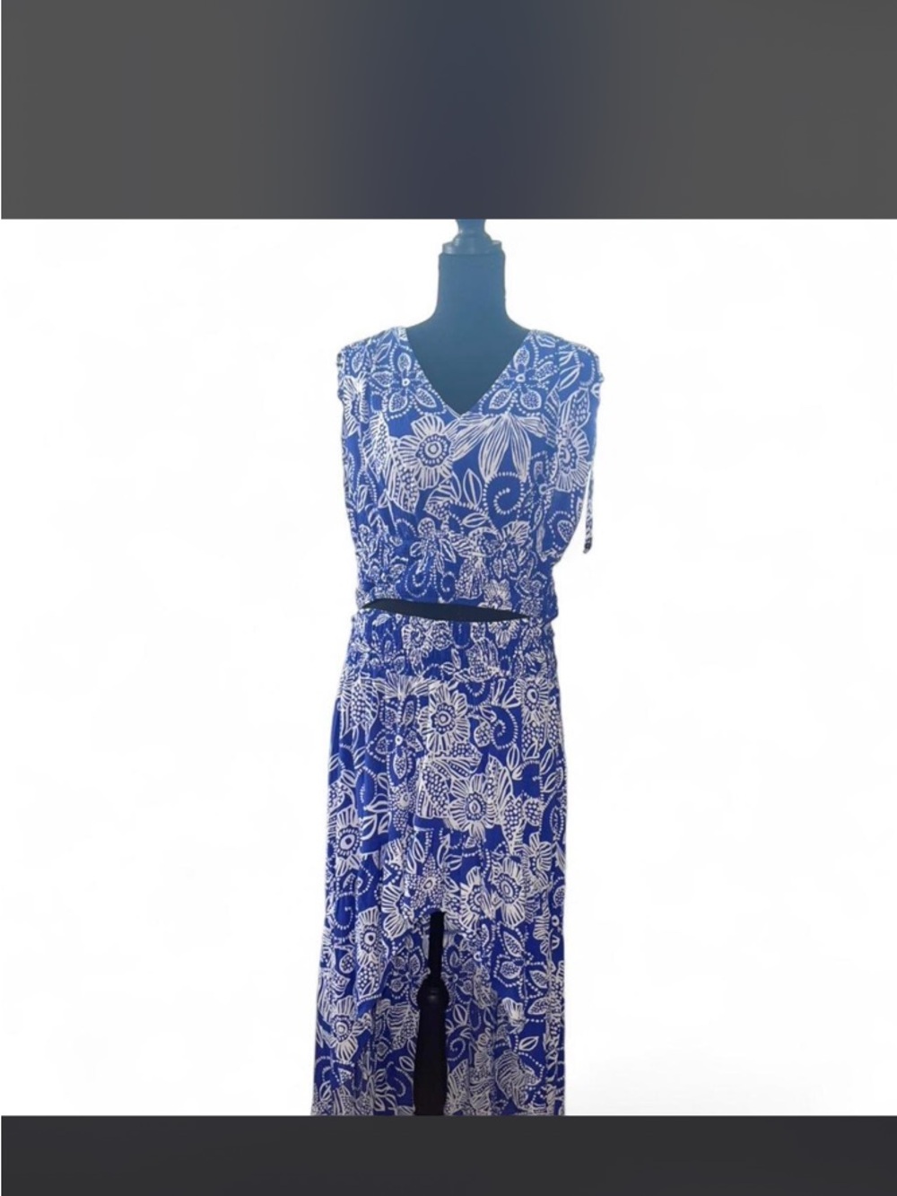 Blue Floral V-Neck Crop Top and Skirt Set